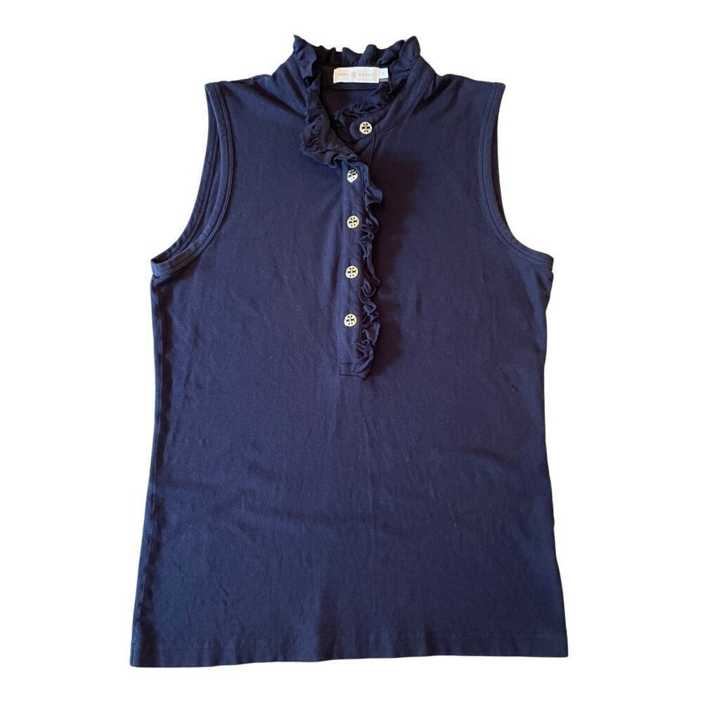 Tory Burch Navy Sleeveless Ruffle Mock Neck Button Top Size M